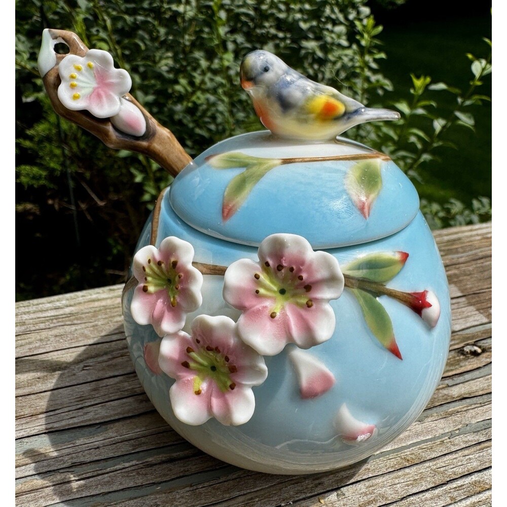 Pier 1 Sanctuary Bluebird Sugar Jar Bowl With Spoon Cherry Blosso
